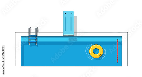 Top view of a swimming pool with diving board and float