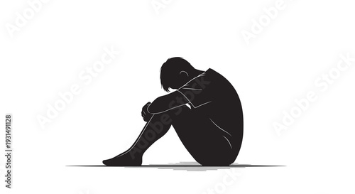 Silhouette of a Sad Person Sitting Alone on White Background