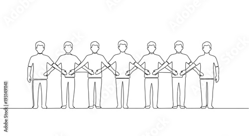 Continuous line drawing of seven people holding hands in unity against white background.