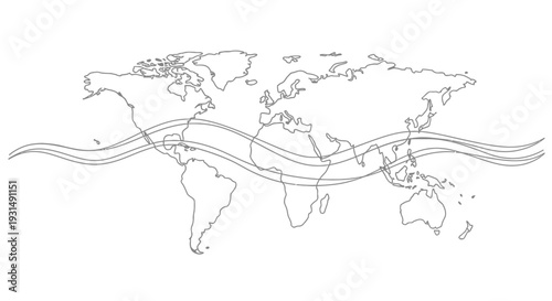 World Map Outline with Global Waves Graphic