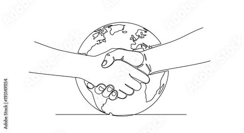 Global Handshake: Two Hands Shaking in Front of Earth Globe, Business Partnership