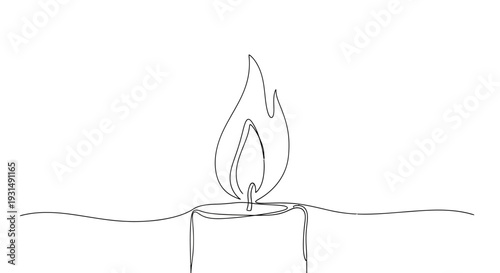 Single line drawing of a burning candle flame with smoke wisps on white background