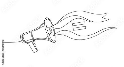 Megaphone with equality symbol banner, single line drawing, activism concept