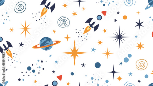 A playful and adventurous seamless space pattern for kids, featuring cartoon rockets, planets, and stars on a clean white background.
