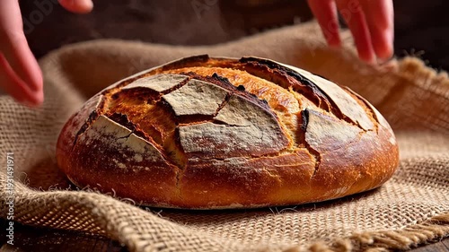 Round crusty bread on burlap