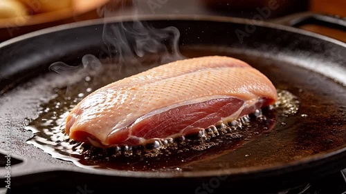 Raw meat cooking in cast iron skillet
