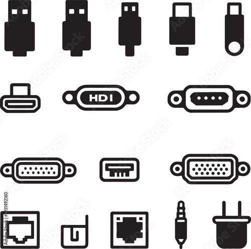 Computer Hardware Connection Port and Cable Plug Interface Icon Set for Technical Device Systems