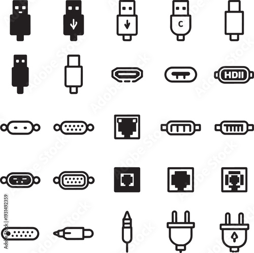 Universal Hardware Connection Port and Cable Plug Interface Icon Set for Digital Devices