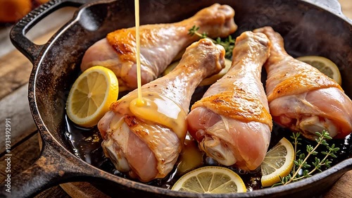 Cooked chicken drumsticks in skillet