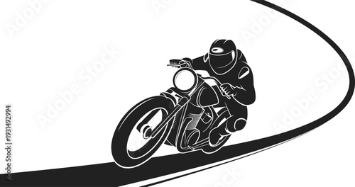 Sport motorcycle racer leaning into curve, black and white vector silhouette, dynamic speed action, minimalist racing illustration design