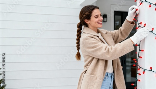 Smiling woman hanging red Christmas lights on a white house pillar. Festive holiday home decoration concept. Female in beige coat and white gloves with copy space for text