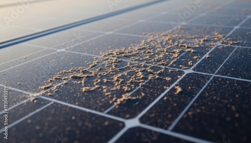 Close-up view of solar panels with dust accumulation on the surface, affecting energy efficiency and performance outdoors