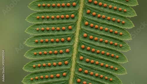 Underside of a green fern frond with orange spores visible, showcasing natural details, from a close-up, top-down view in a blurred background