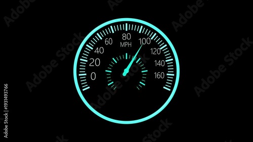 Car speedometer at high speed animation, Circular car speedometer showing about 160 mph animated
