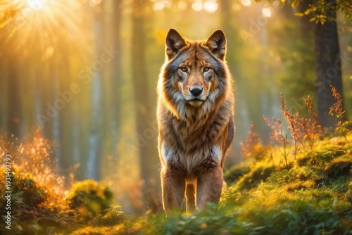 Wolf in nature in backlight. Wolf on the outskirts of the forest.