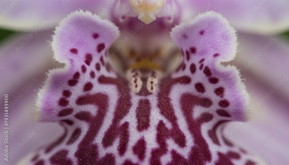 Obraz premium A close-up view of a beautiful orchid flower, showcasing its intricate purple and white patterns in a botanical garden setting