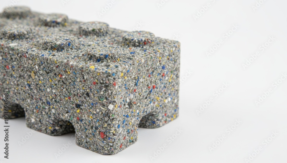 Fototapeta premium A close-up view of a grey concrete brick with multicolored speckles, showcasing its textured surface and modular design on a plain surface.