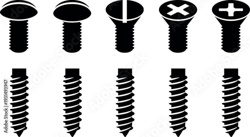 Set of black screw and bolt silhouettes with different heads and thread patterns for industrial hardware construction and DIY tool vector design projects.