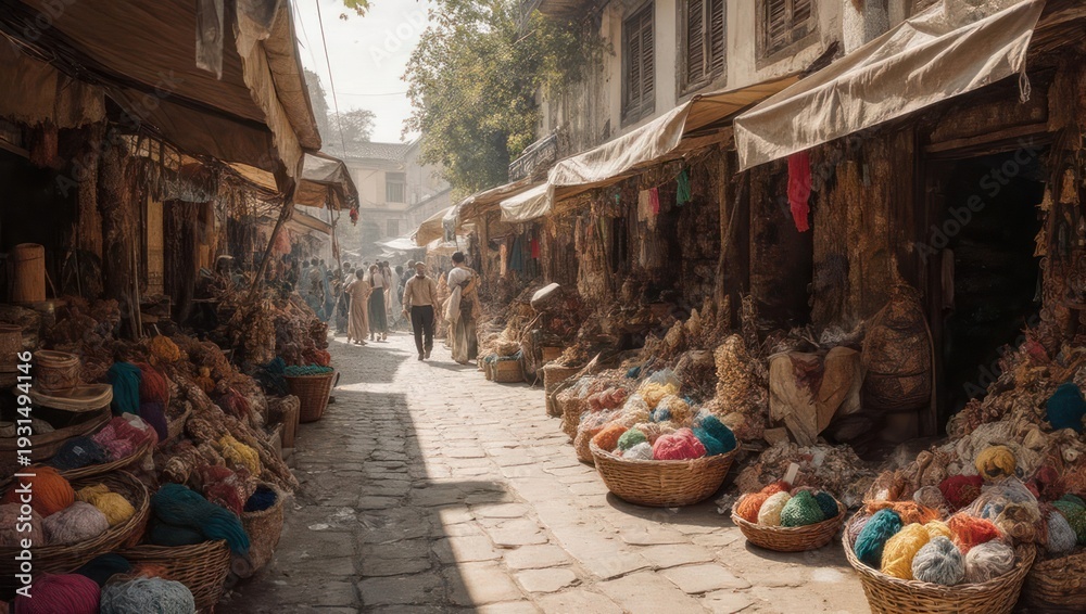 Obraz premium Vibrant marketplace scene with colorful goods and bustling atmosphere.