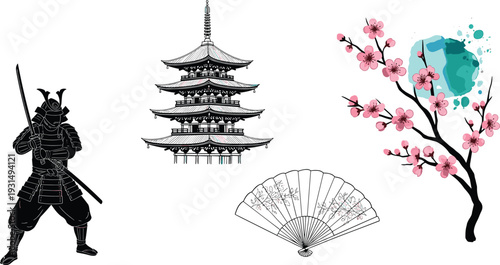 Set of Japanese cultural elements with black samurai silhouette traditional pagoda temple cherry blossom branch and decorative fan for oriental design
