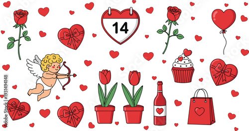 Set of cute Valentines Day icons with cupid hearts roses calendar tulips wine and gift for romantic holiday and celebration