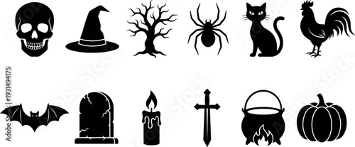 Halloween silhouette icon set with skull, witch hat, spider, black cat, pumpkin, bat, candle, tombstone and spooky symbols collection