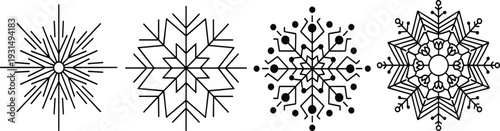 Collection of Detailed Line Art Snowflake Icons with Geometric Winter Patterns Isolated on Light Background for Christmas Design