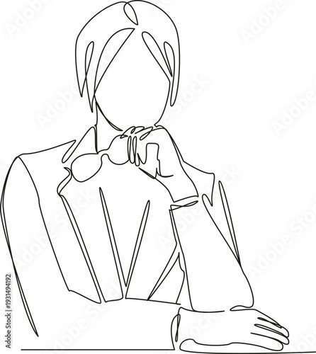 One continuous single drawing line art flat doodle person, woman, businesswoman, sitting, table, goggles, female, adult, office, work. Isolated image hand draw contour on a white background; hand draw
