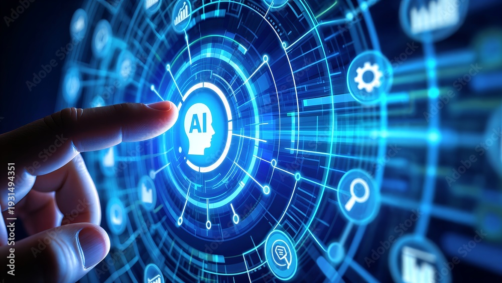 Fototapeta premium Human hand touching futuristic AI technology interface with glowing blue digital network and innovation icons