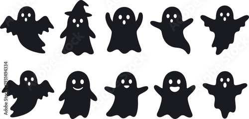 Cute ghost silhouette collection with different expressions isolated on white background, Halloween cartoon character set, spooky vector illustration bundle