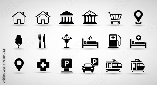 Collection of diverse vector icons representing various services and locations.