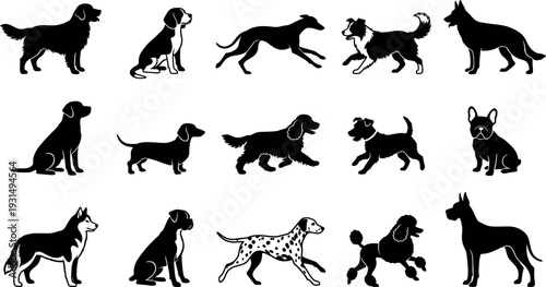 Black silhouette set of various dog breeds and domestic pets vector illustration icons isolated on white background for animal lovers decoration.