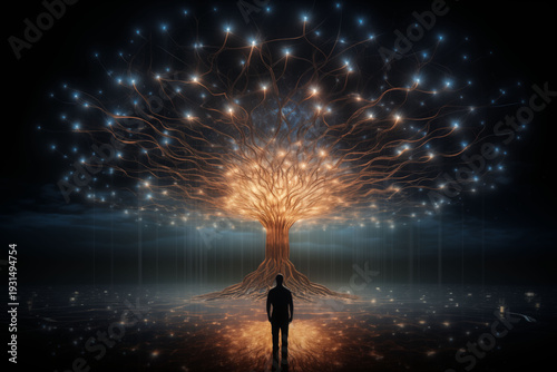 A metaphorical background of a digital brain devoid of human form, abstract, luminous.