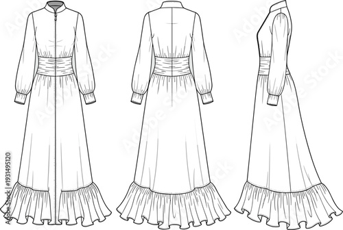 Fashion technical sketch of women long maxi dress with ruffle hem smocked waist and puff sleeves vector set for apparel tech pack template.