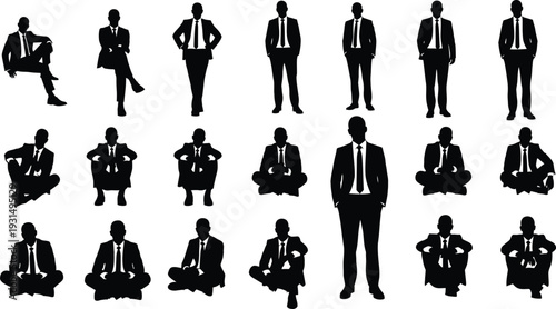 Collection of businessmen in various poses silhouette on white background