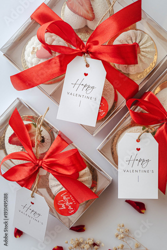 Valentine's Day Collection: Luxury Valentine's Day pastry gift boxes with red satin ribbons and greeting tags