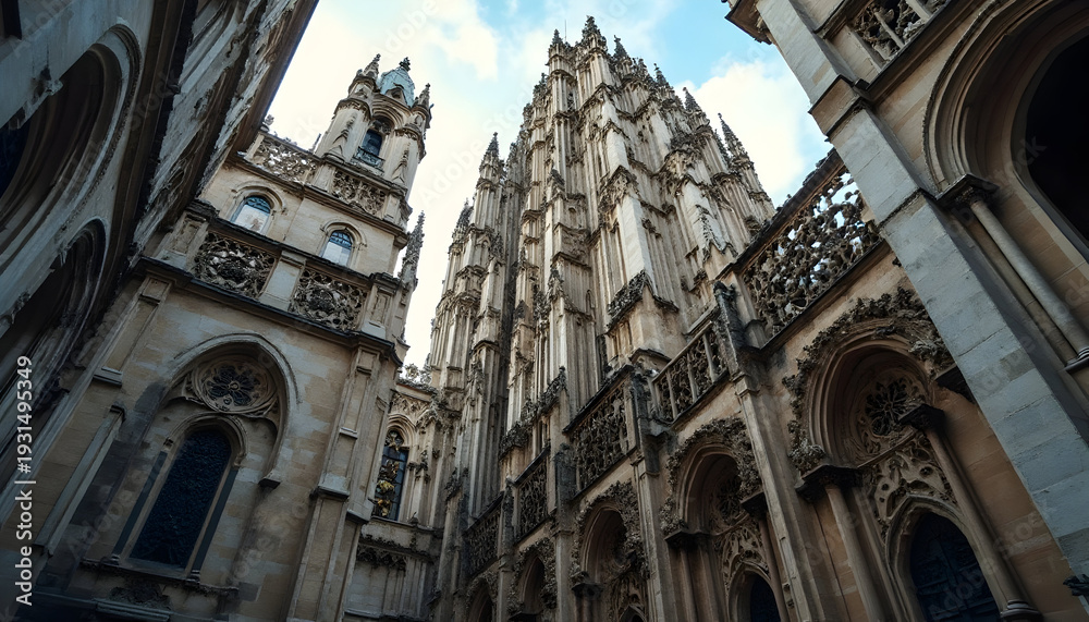 Obraz premium Gothic Cathedral Architectural Detail Tall Stone Facade Spires and Ornate Carvings