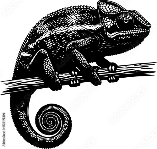 chameleon on a branch silhouette vector illustration