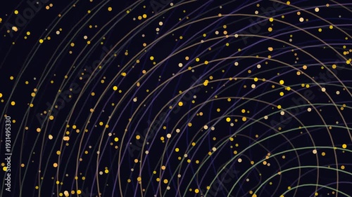 Abstract Glowing Gold Particles and Curved Lines on Dark Background