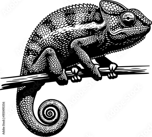 chameleon on a branch silhouette vector illustration