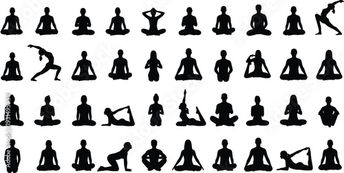 Yoga poses silhouette illustration for mindfulness and meditation practices on white background