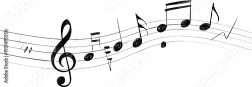 Hand drawn music notes vector illustration, flowing musical staff, treble clef sketch, artistic sound wave design, minimalist black line art