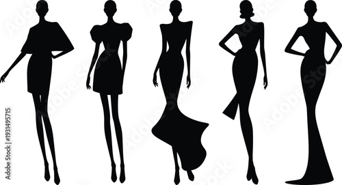 Fashion model silhouettes vector set, elegant female figures, runway poses illustration, minimalist couture style, black dress design collection, branding art