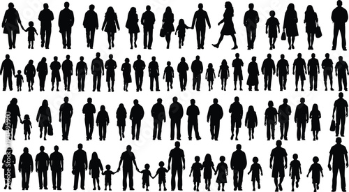 Silhouettes of people, family figures, children and adults, group diversity, human interaction, teamwork, unity, lifestyle concept, social connection, community