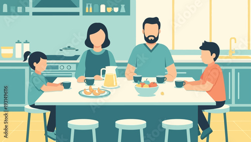 a family of four enjoying a healthy breakfast together in their modern kitchen illustrating morning routines and togetherness.