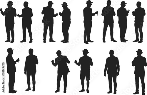 Silhouettes, men, talking, interaction, business, casual, communication, teamwork, social, meeting, gesture, drink, suit, hat, standing, pair, conversation, group, people, lifestyle