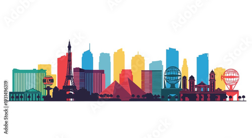 Colorful Las Vegas skyline illustration with iconic landmarks