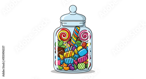 Colorful candy jar filled with assorted sweets and lollipops