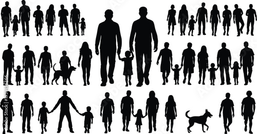 Silhouette of diverse people and pets in various poses and sizes on white background