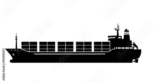 Silhouette of a cargo ship with containers on a white background